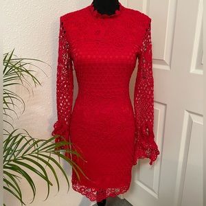 Missguided || Red Lace Cover Dress Long Sleeve